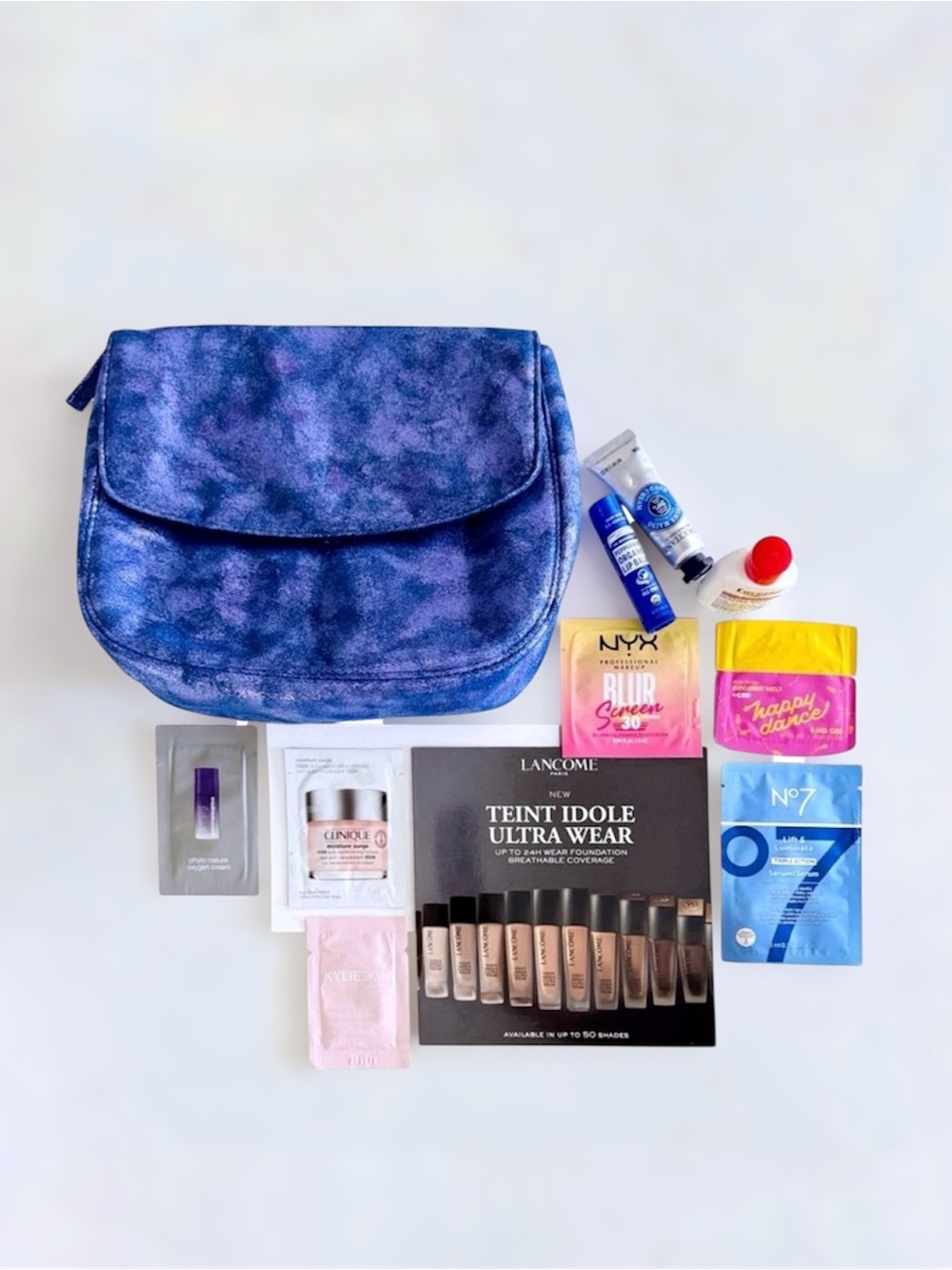 COSMETICS GO BAG BUNDLE: Gunmetal Purple Travel Bag & Makeup Skincare Samples